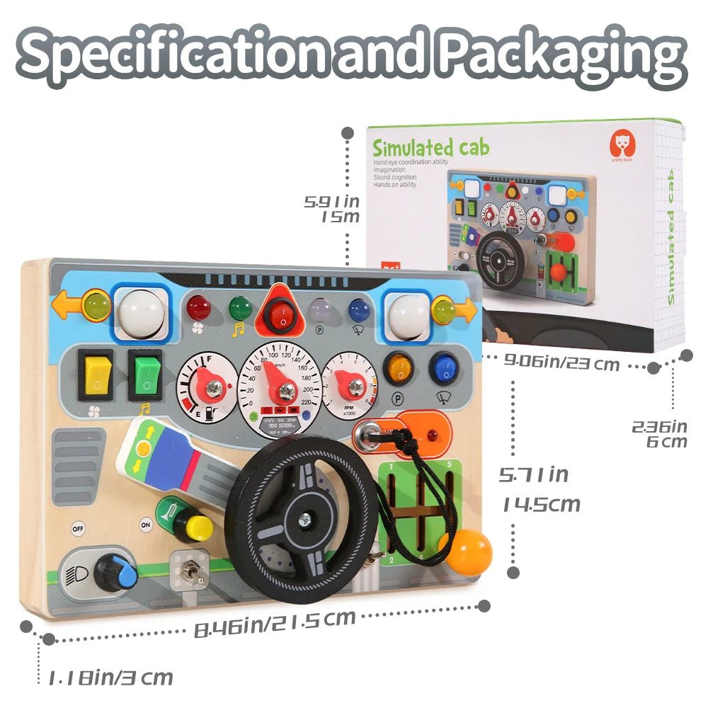 Children's Learning Early Learning Educational Wooden Toys Simulation Steering Wheel Unlocking LED Switch Busy Board