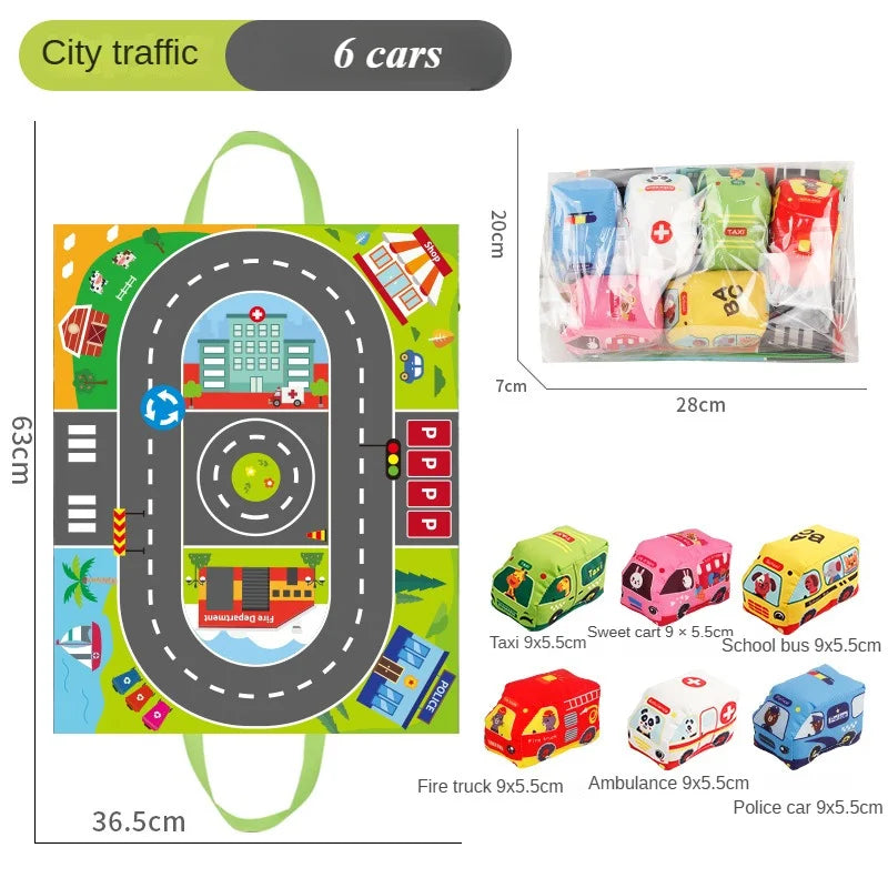 Baby Montessori Soft Car Toy with Map Game Mat Storage Bag Infant Cloth Book Cute Cartoon Sensory Training Toys Toddlers Gifts
