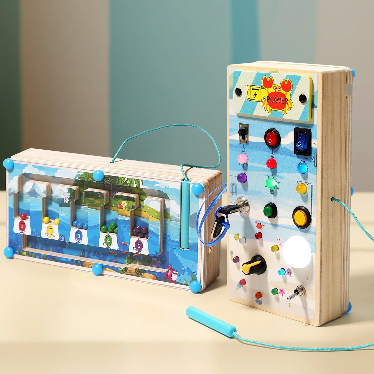 Children's Learning Early Learning Educational Wooden Toys Simulation Steering Wheel Unlocking LED Switch Busy Board