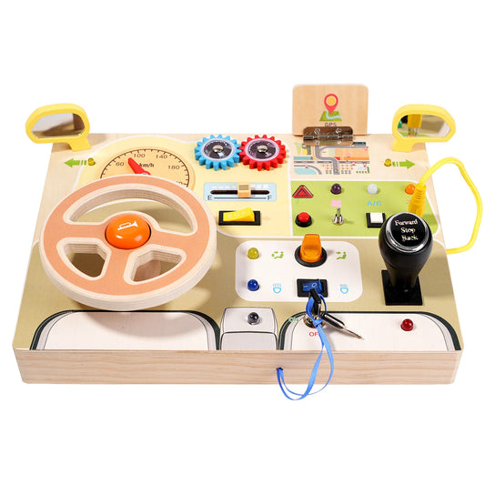 Children's Learning Early Learning Educational Wooden Toys Simulation Steering Wheel Unlocking LED Switch Busy Board