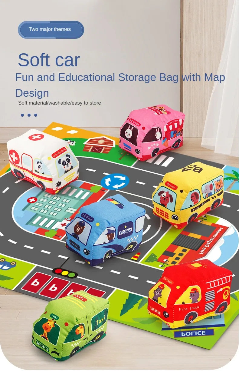 Baby Montessori Soft Car Toy with Map Game Mat Storage Bag Infant Cloth Book Cute Cartoon Sensory Training Toys Toddlers Gifts