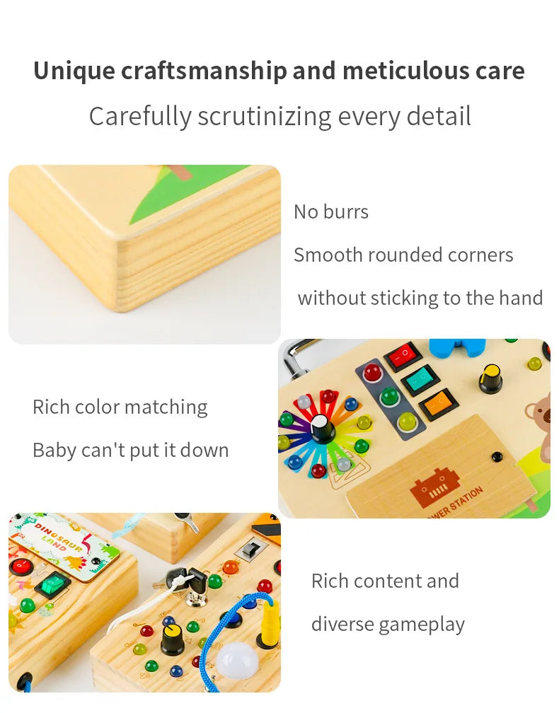Montessori Toys Wooden Busy Board Switch Toys With Button LED Lights Sensory Travel Toys for Toddler Preschool Learning Activity