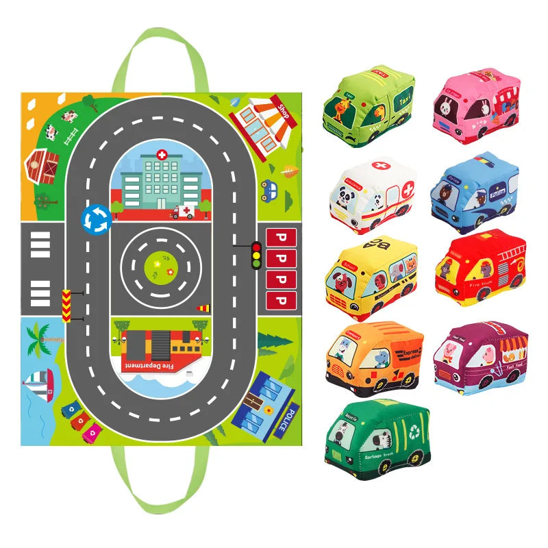 Baby Montessori Soft Car Toy with Map Game Mat Storage Bag Infant Cloth Book Cute Cartoon Sensory Training Toys Toddlers Gifts