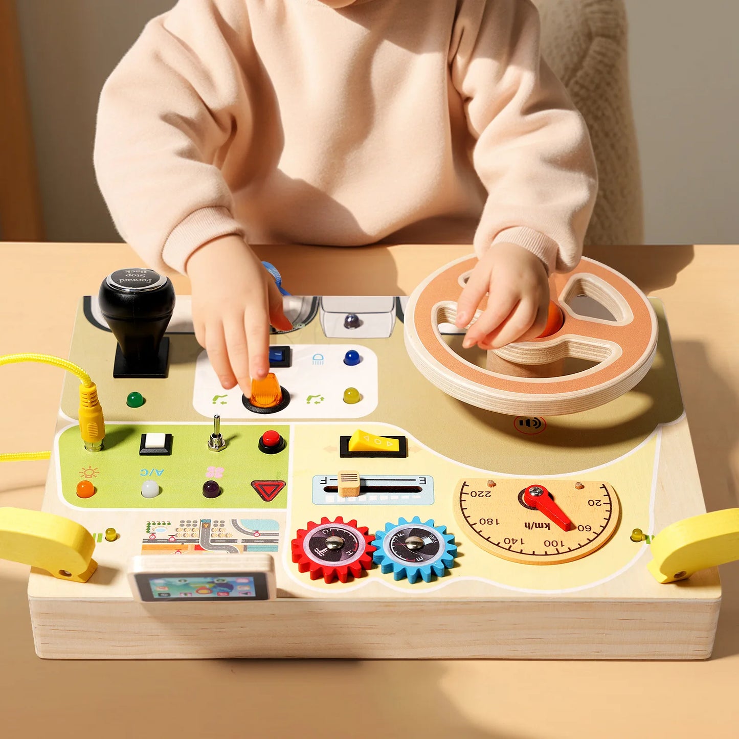 Children's Learning Early Learning Educational Wooden Toys Simulation Steering Wheel Unlocking LED Switch Busy Board