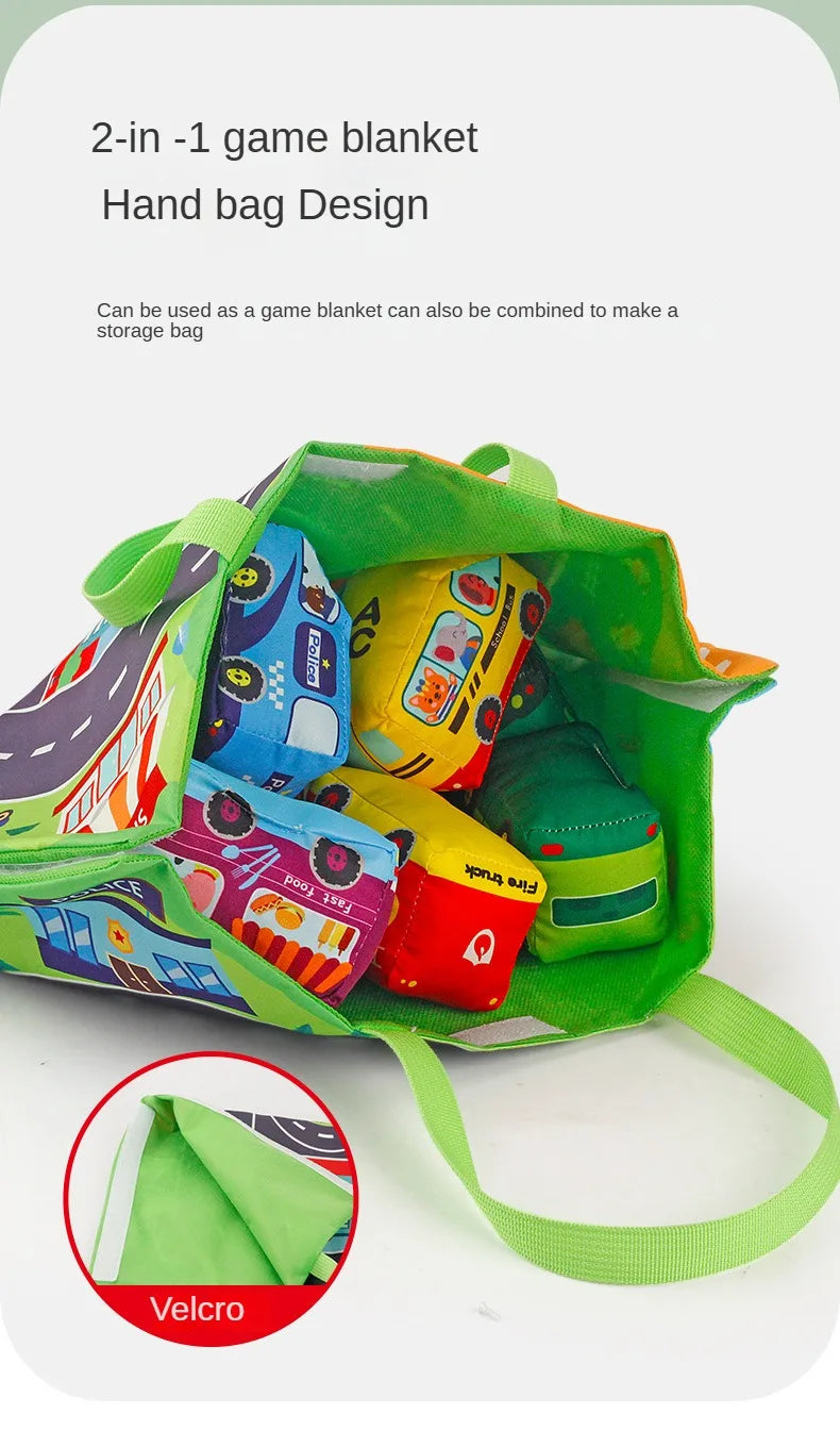 Baby Montessori Soft Car Toy with Map Game Mat Storage Bag Infant Cloth Book Cute Cartoon Sensory Training Toys Toddlers Gifts