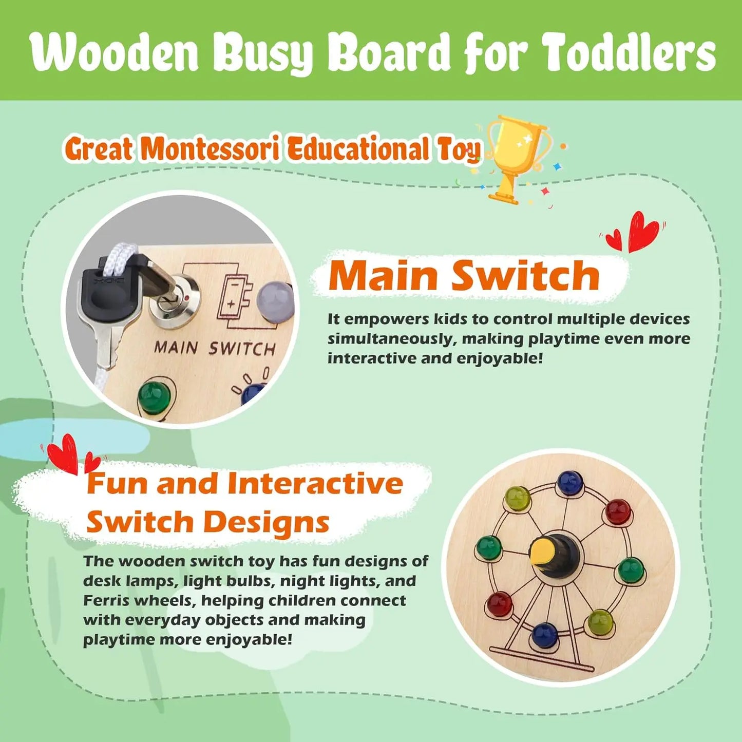 Montessori Toys Wooden Busy Board Switch Toys With Button LED Lights Sensory Travel Toys for Toddler Preschool Learning Activity