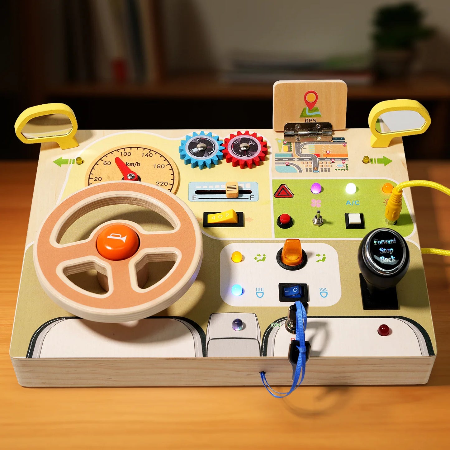 Children's Learning Early Learning Educational Wooden Toys Simulation Steering Wheel Unlocking LED Switch Busy Board