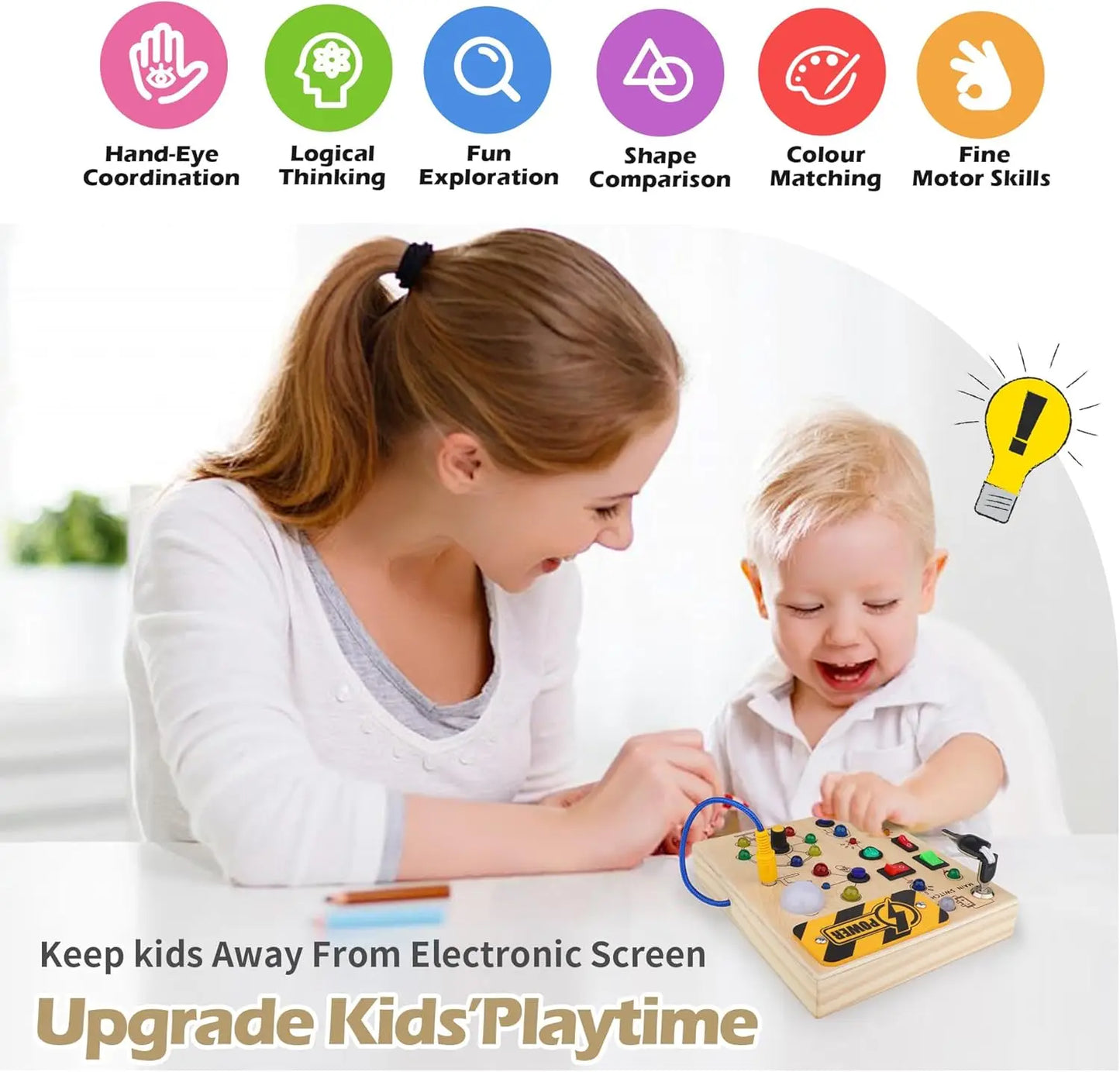 Montessori Toys Wooden Busy Board Switch Toys With Button LED Lights Sensory Travel Toys for Toddler Preschool Learning Activity