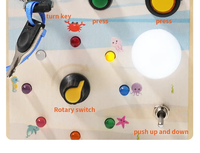 Children's Learning Early Learning Educational Wooden Toys Simulation Steering Wheel Unlocking LED Switch Busy Board