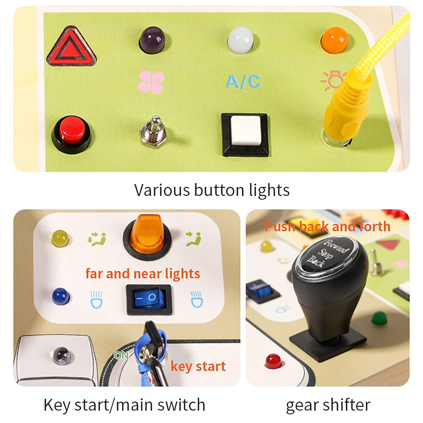 Children's Learning Early Learning Educational Wooden Toys Simulation Steering Wheel Unlocking LED Switch Busy Board