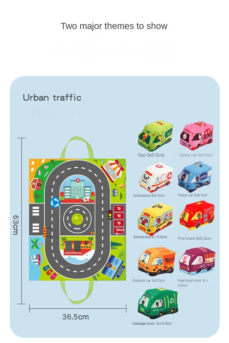 Baby Montessori Soft Car Toy with Map Game Mat Storage Bag Infant Cloth Book Cute Cartoon Sensory Training Toys Toddlers Gifts