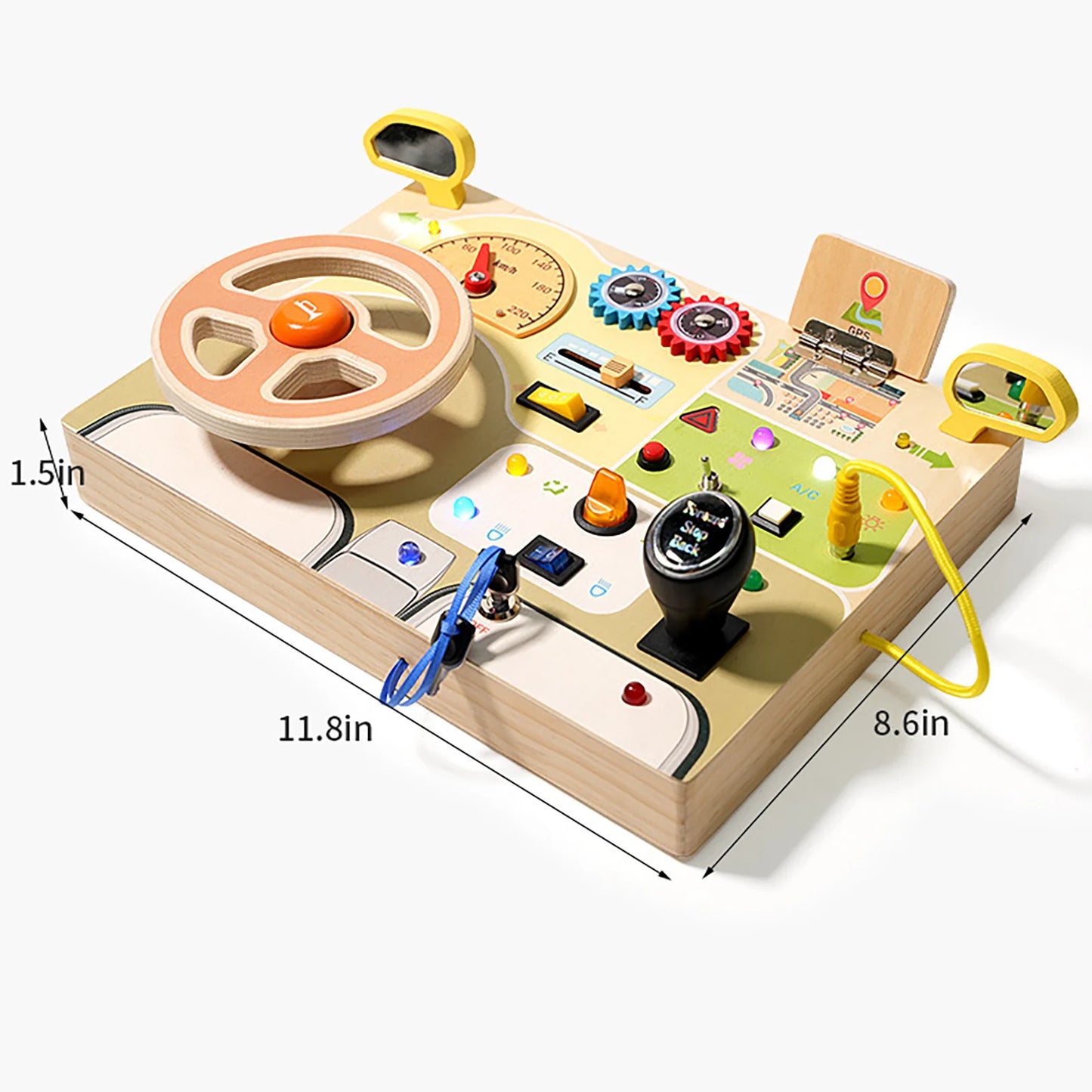 Children's Learning Early Learning Educational Wooden Toys Simulation Steering Wheel Unlocking LED Switch Busy Board