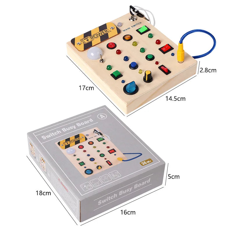 Montessori Toys Wooden Busy Board Switch Toys With Button LED Lights Sensory Travel Toys for Toddler Preschool Learning Activity
