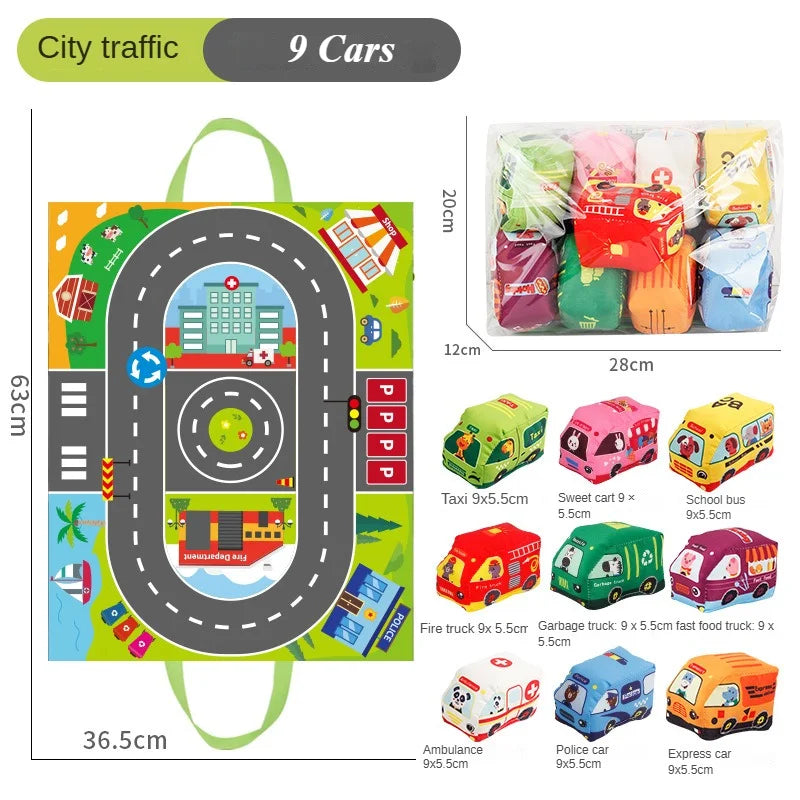 Baby Montessori Soft Car Toy with Map Game Mat Storage Bag Infant Cloth Book Cute Cartoon Sensory Training Toys Toddlers Gifts